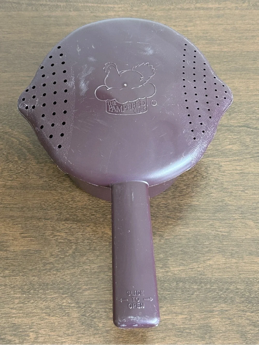 PAMPERED CHEF BROWN 1 QT MICRO-COOKER STEAMER WITH HANDLE & STRAINER LID ~ USA